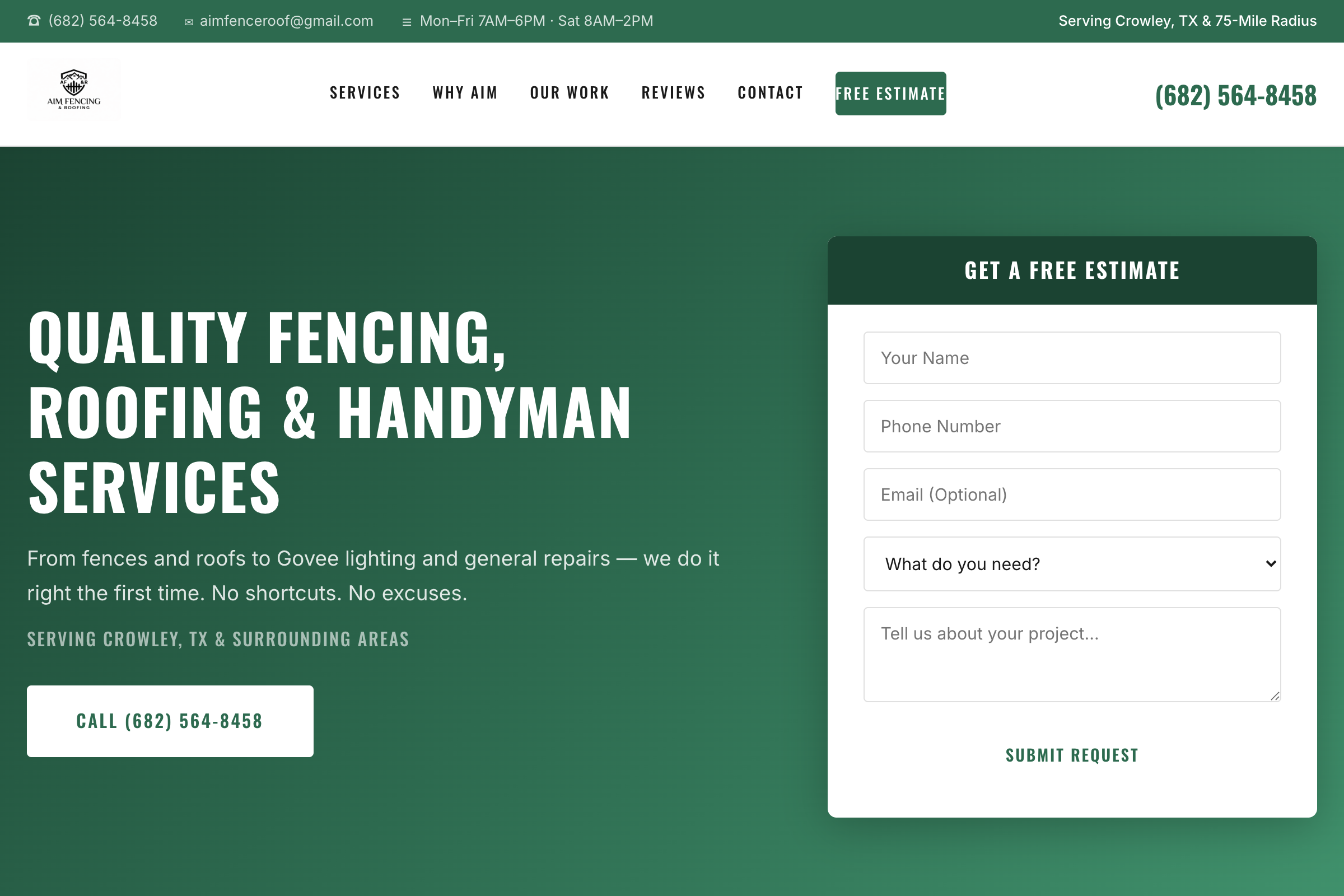 AIM Fencing & Roofing website - desktop view