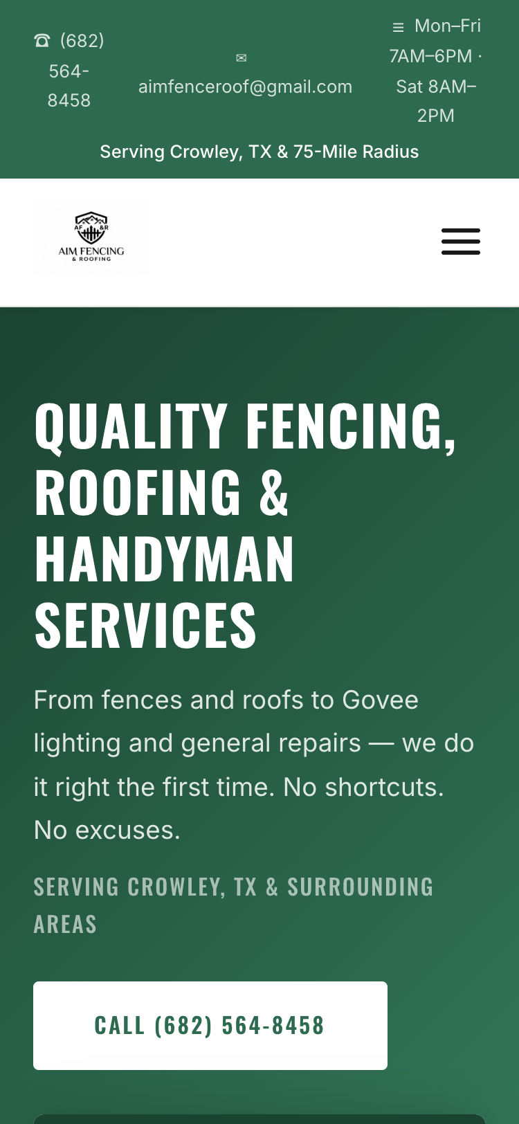 AIM Fencing & Roofing website - mobile view