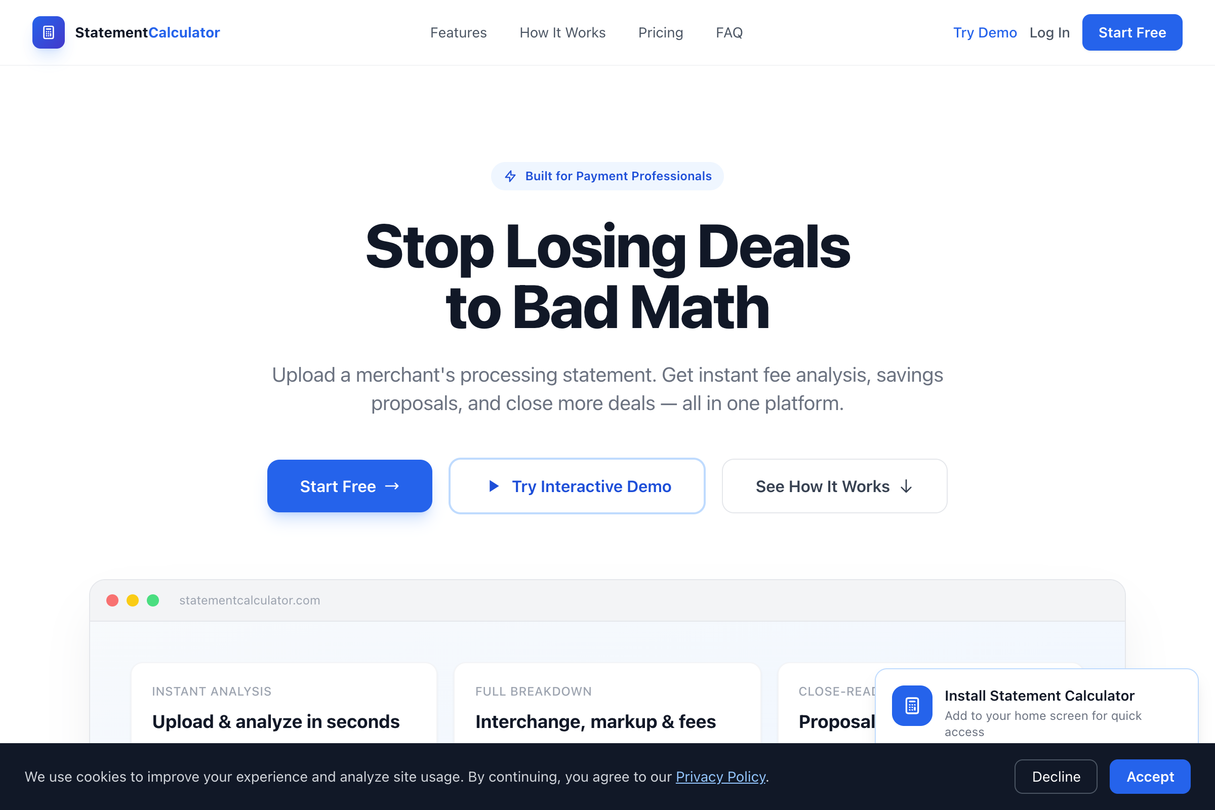 Statement Calculator website - desktop view