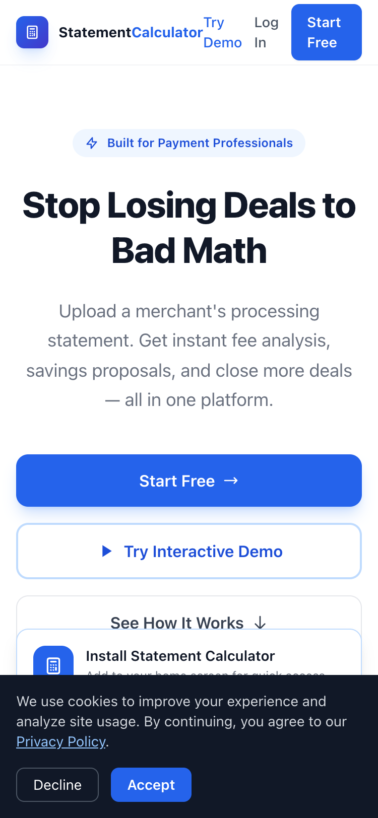 Statement Calculator website - mobile view